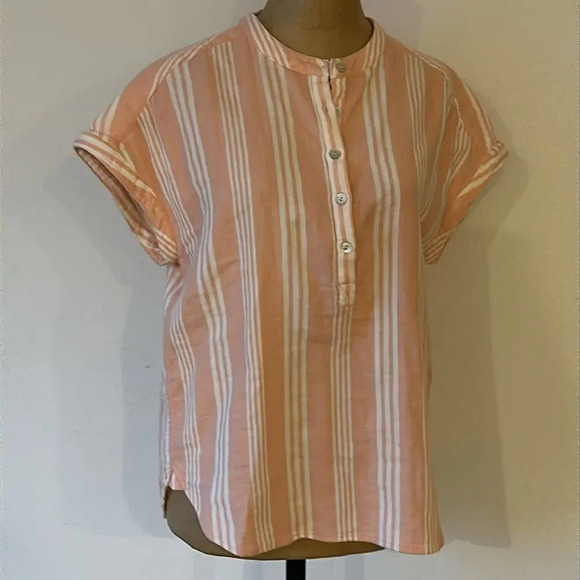 Faherty S peach white stripe organic cotton 1/2 button down blouse great cond - Picture 1 of 7
